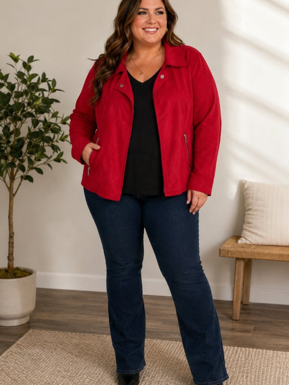 Philosophy Red Faux Suede Jacket Size 2X Open Front Zip Pocket - Picture 5 of 5